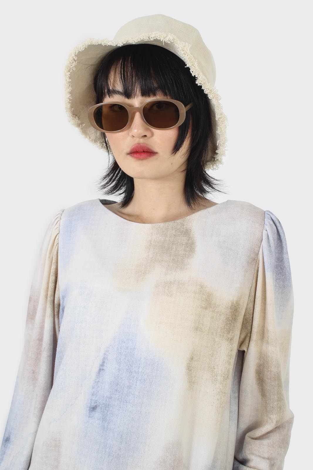 Beige and blue tie dye long sleeved top