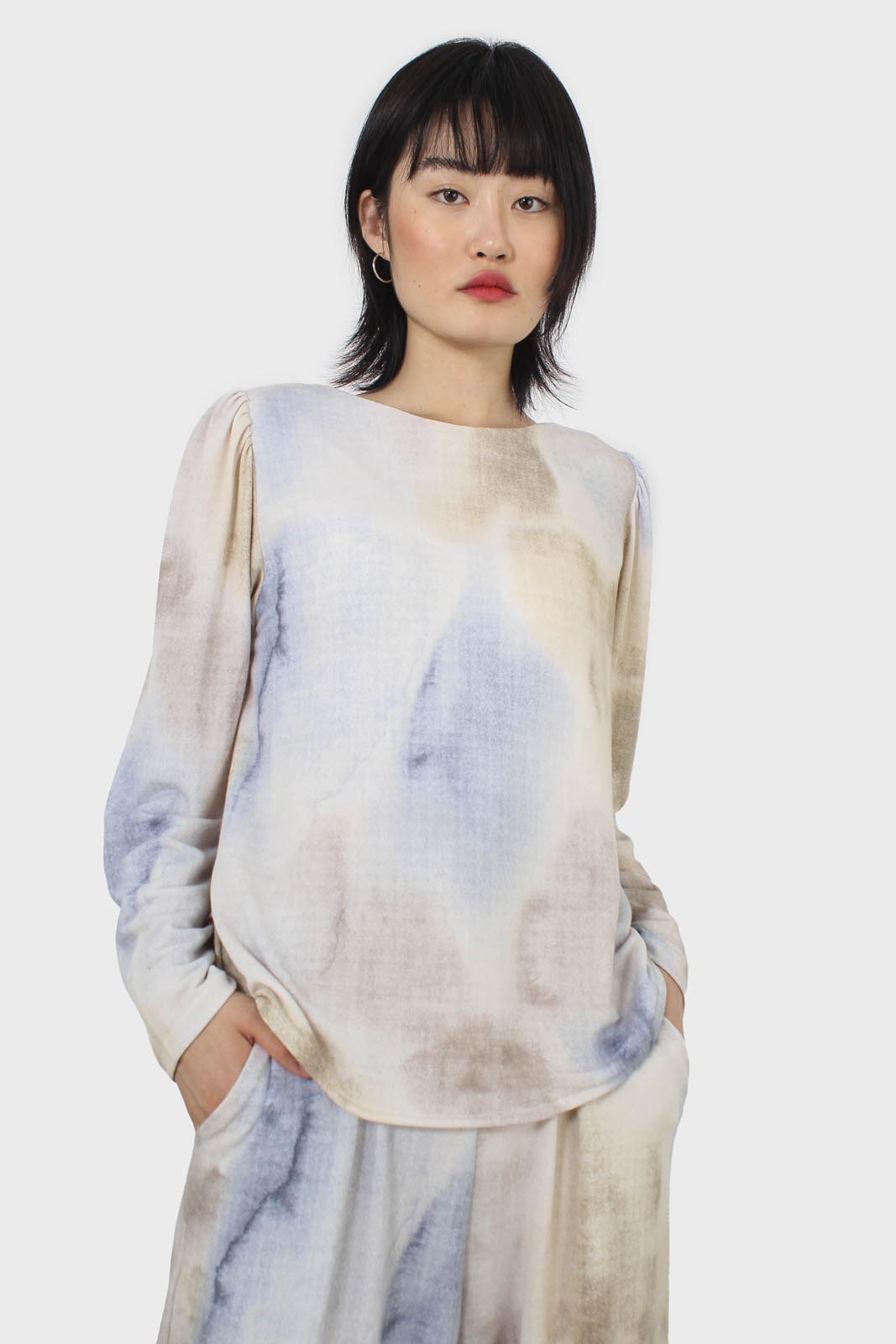 Beige and blue tie dye long sleeved top