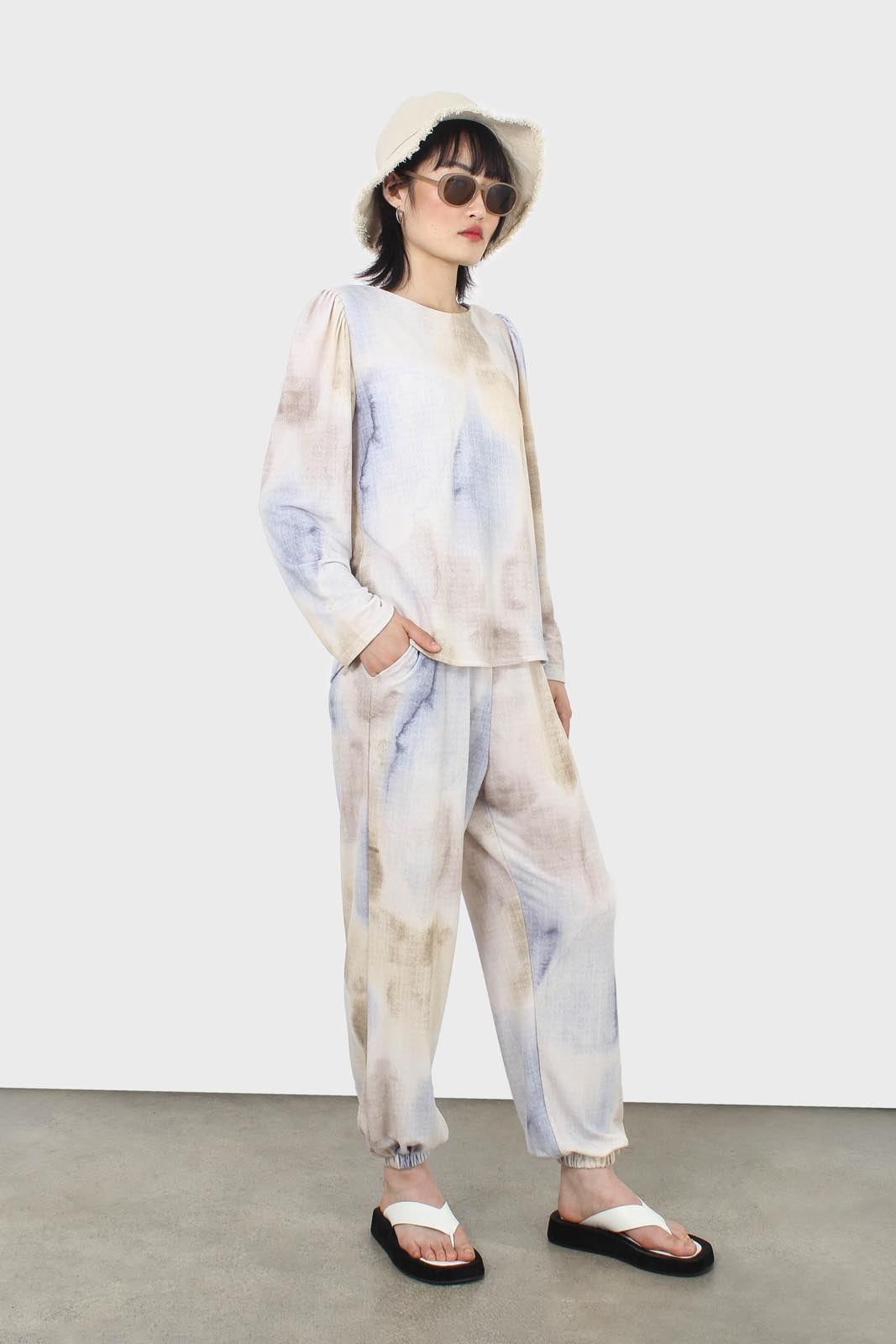 Beige and blue tie dye loose fit trousers