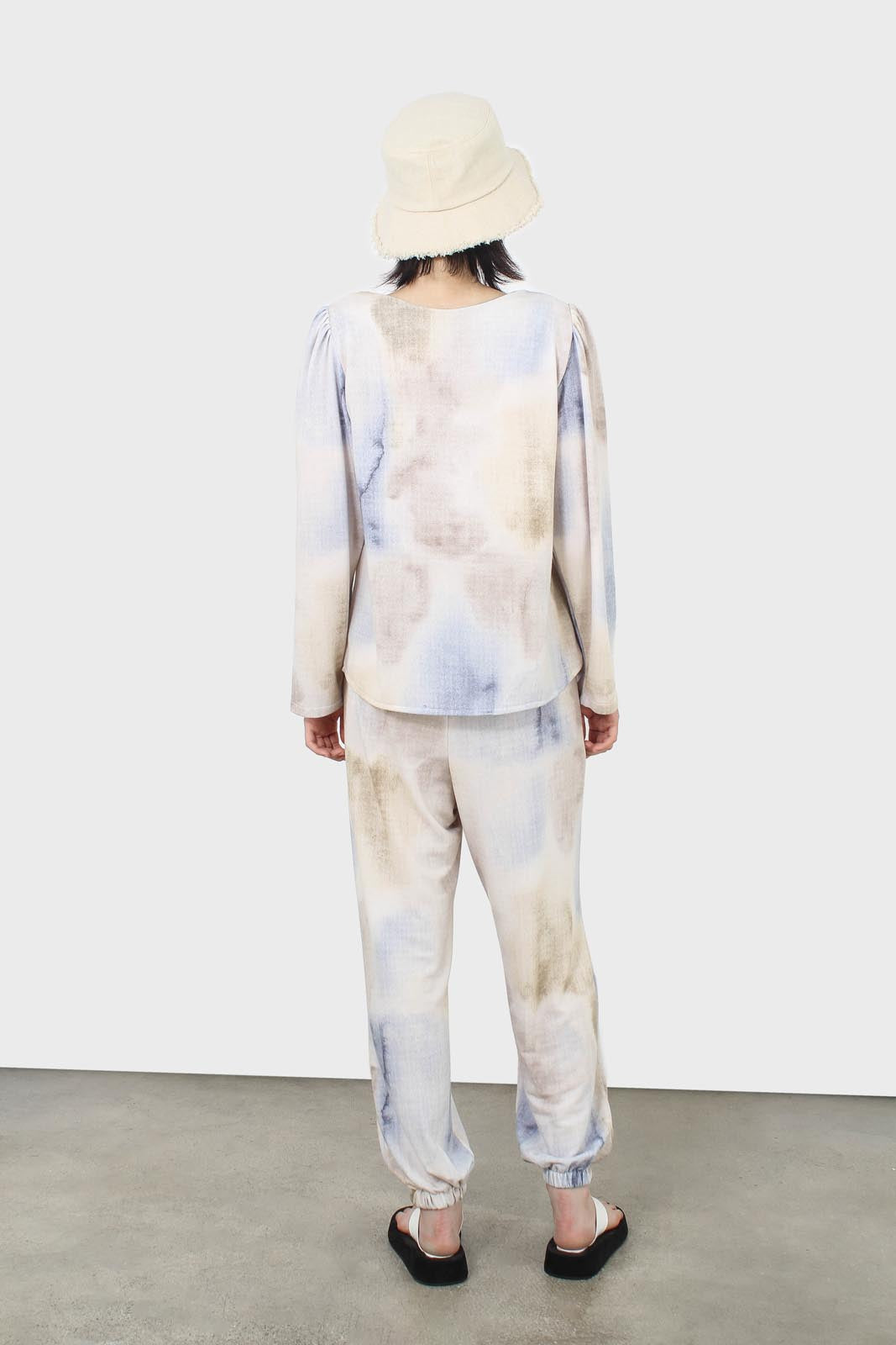 Beige and blue tie dye loose fit trousers