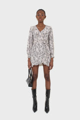 Ivory and black printed ruffle trim dress