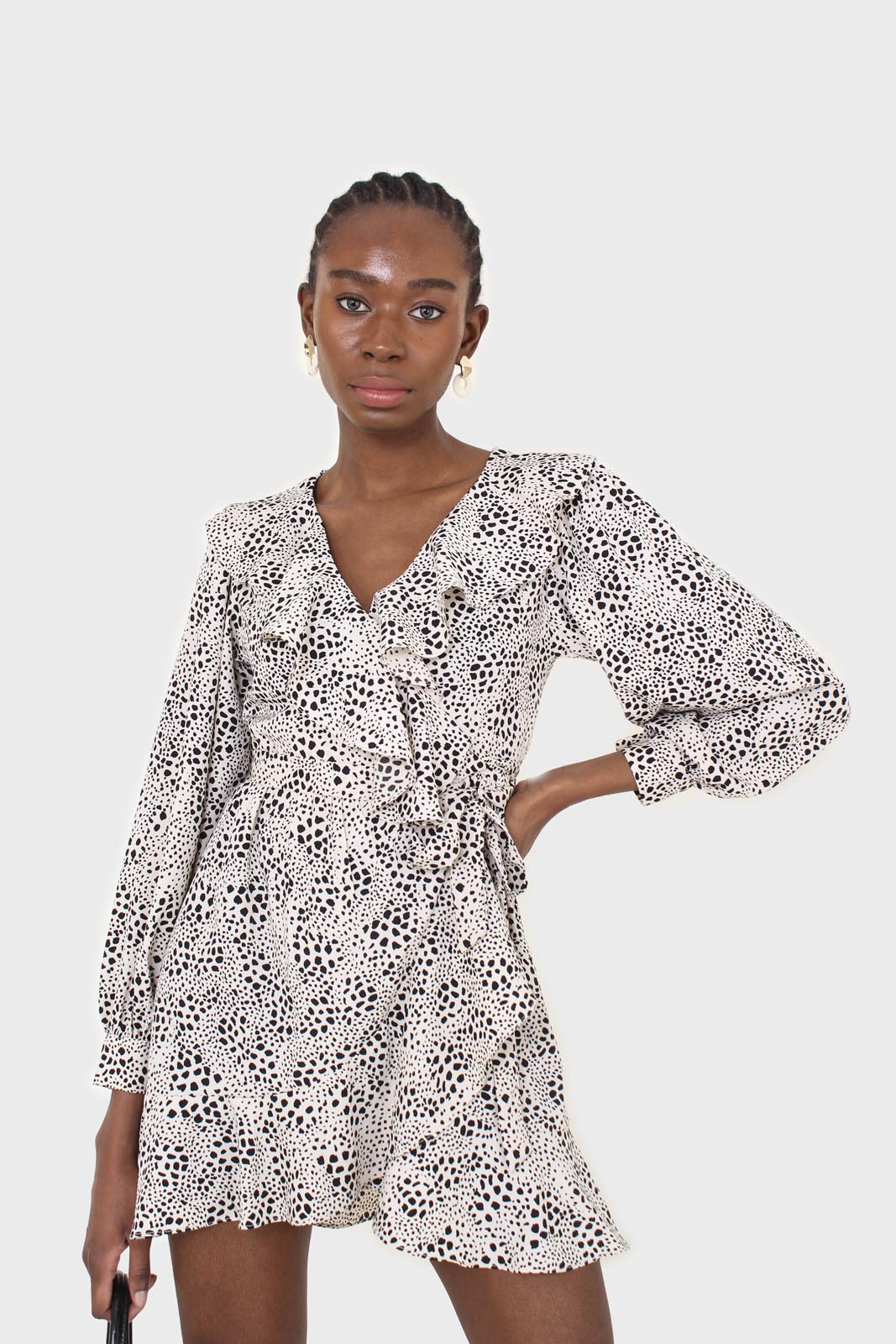 Ivory and black printed ruffle trim dress