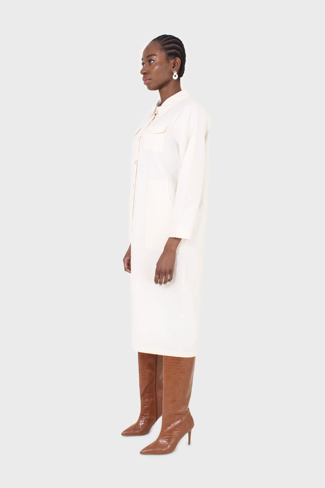 Ivory belted long shirt dress