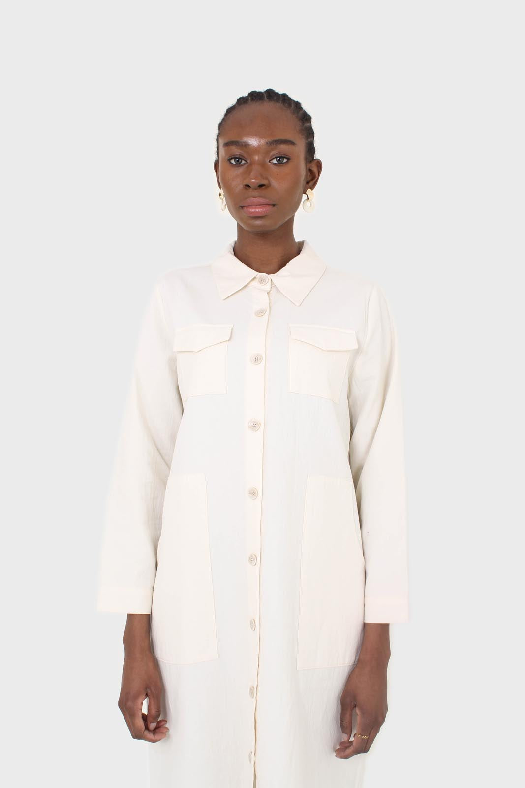 Ivory belted long shirt dress
