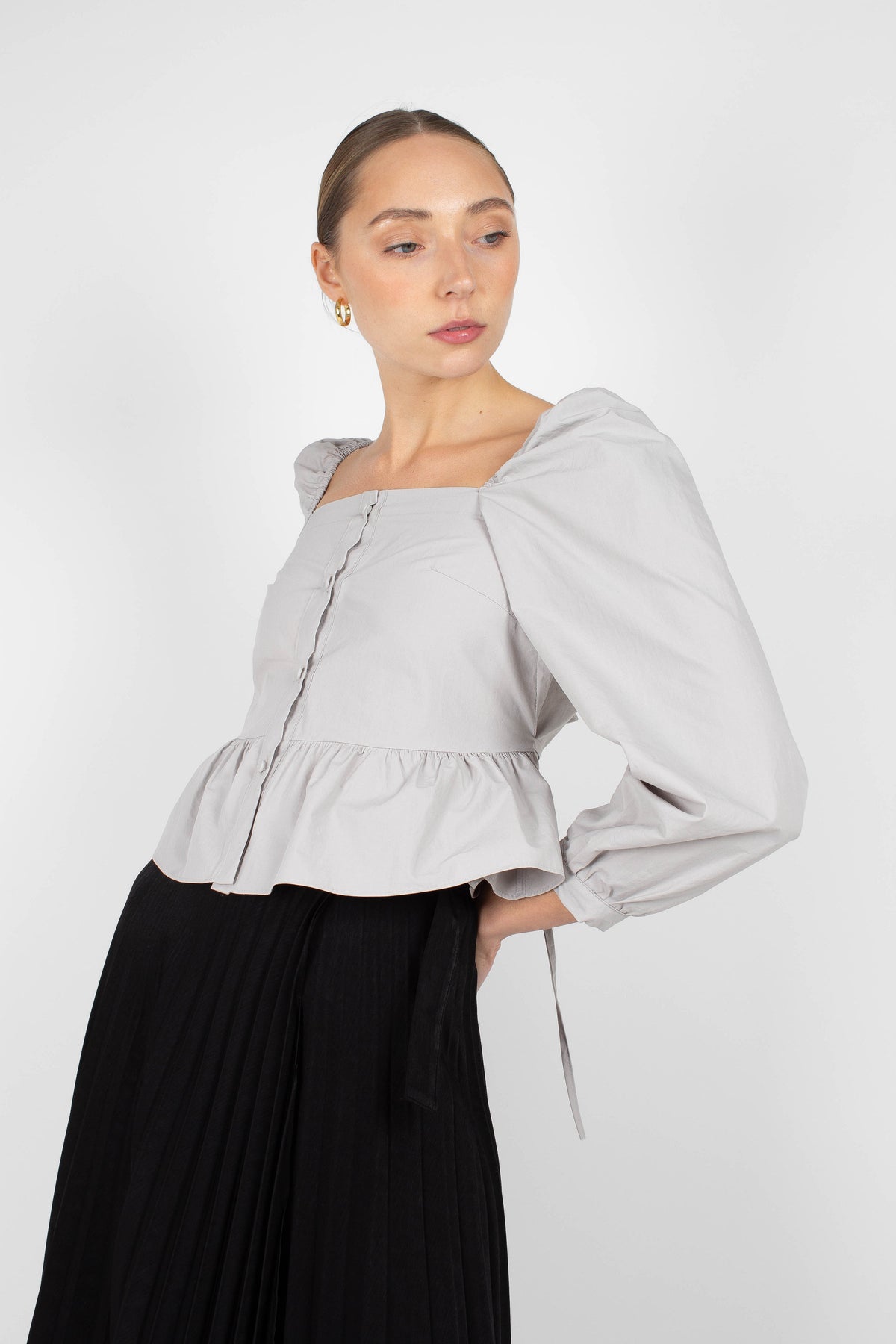 Pale blue off shoulder cinch waist top
