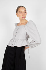 Pale blue off shoulder cinch waist top