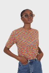 Red rainbow intarsia knit tee