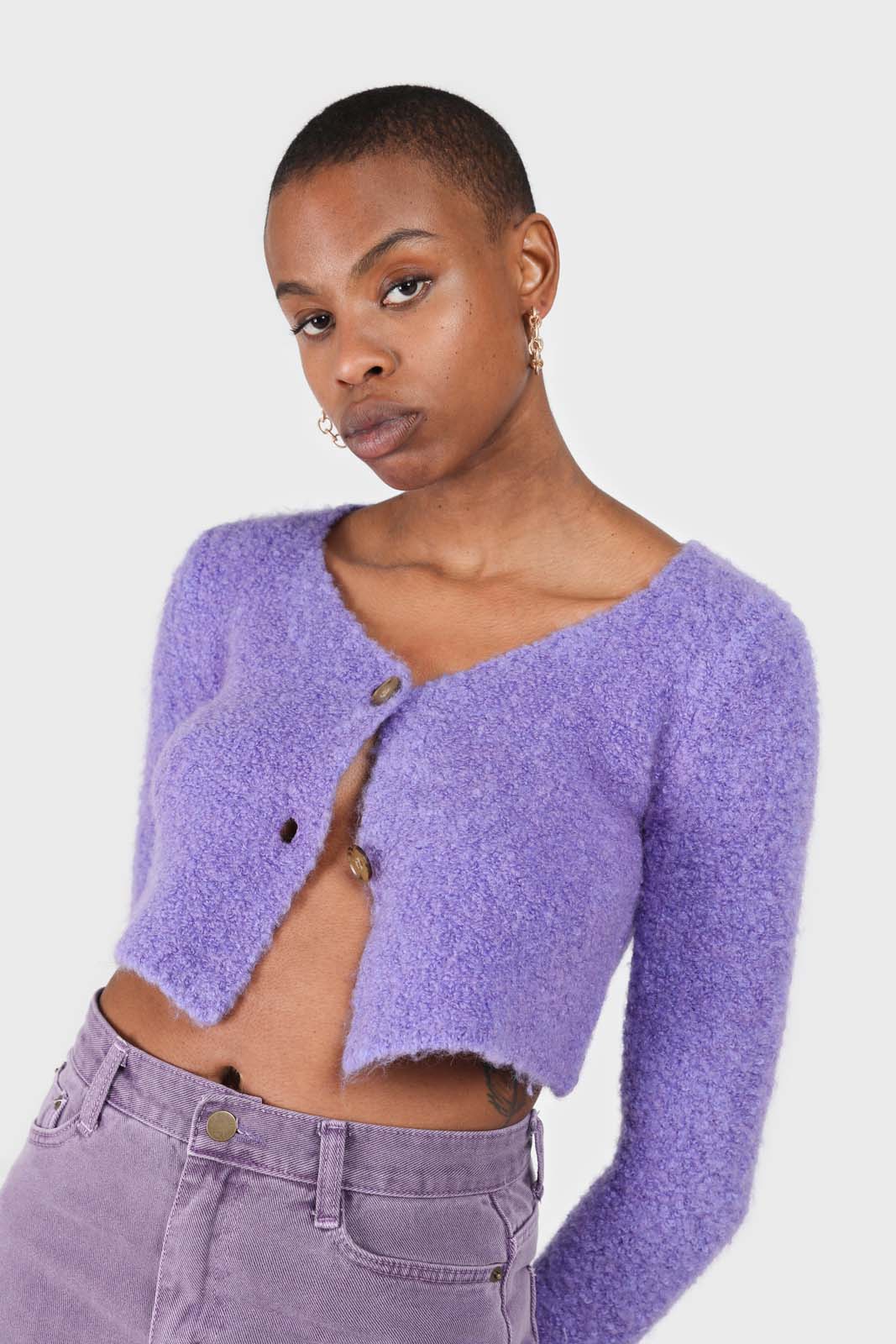 Purple fuzzy double button cardigan