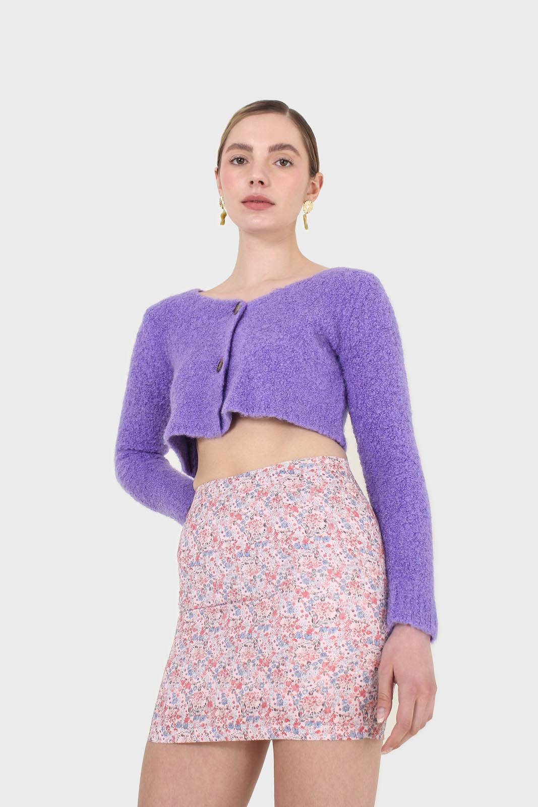 Purple fuzzy double button cardigan