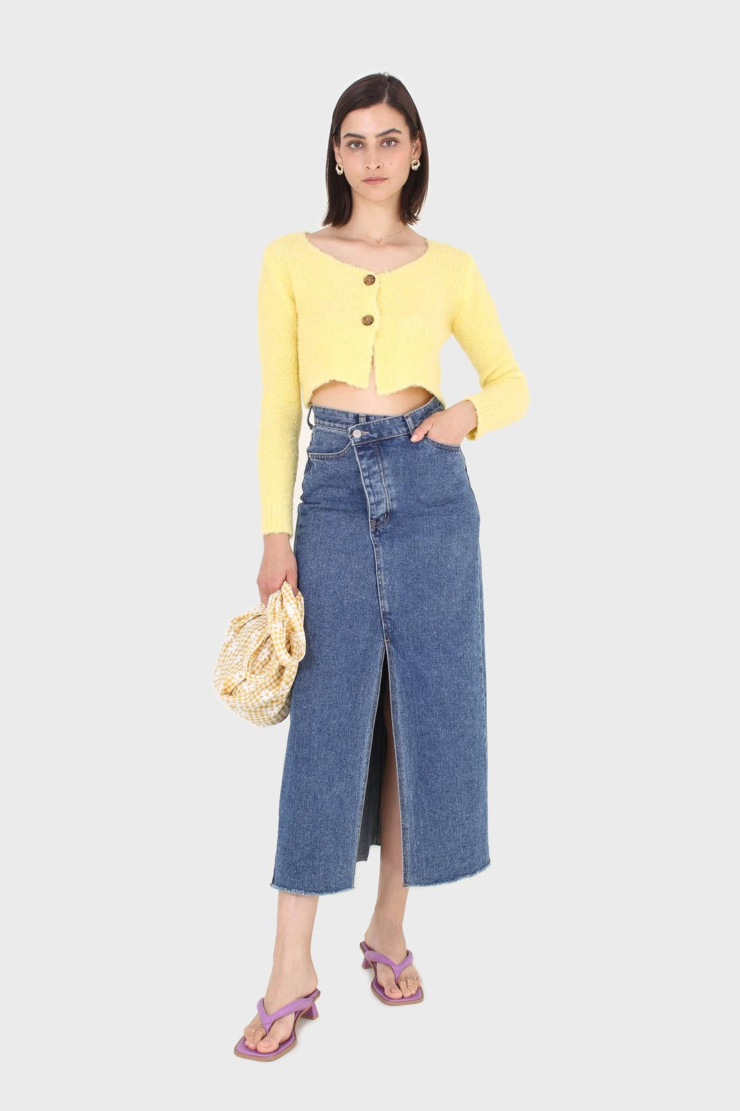 Yellow fuzzy double button cardigan