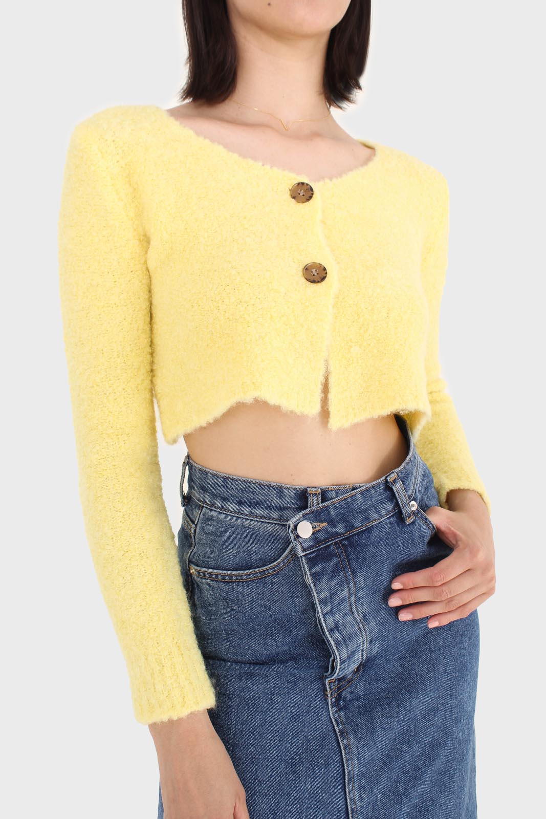 Yellow fuzzy double button cardigan