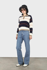 Navy and ivory thick multistriped polo knit top