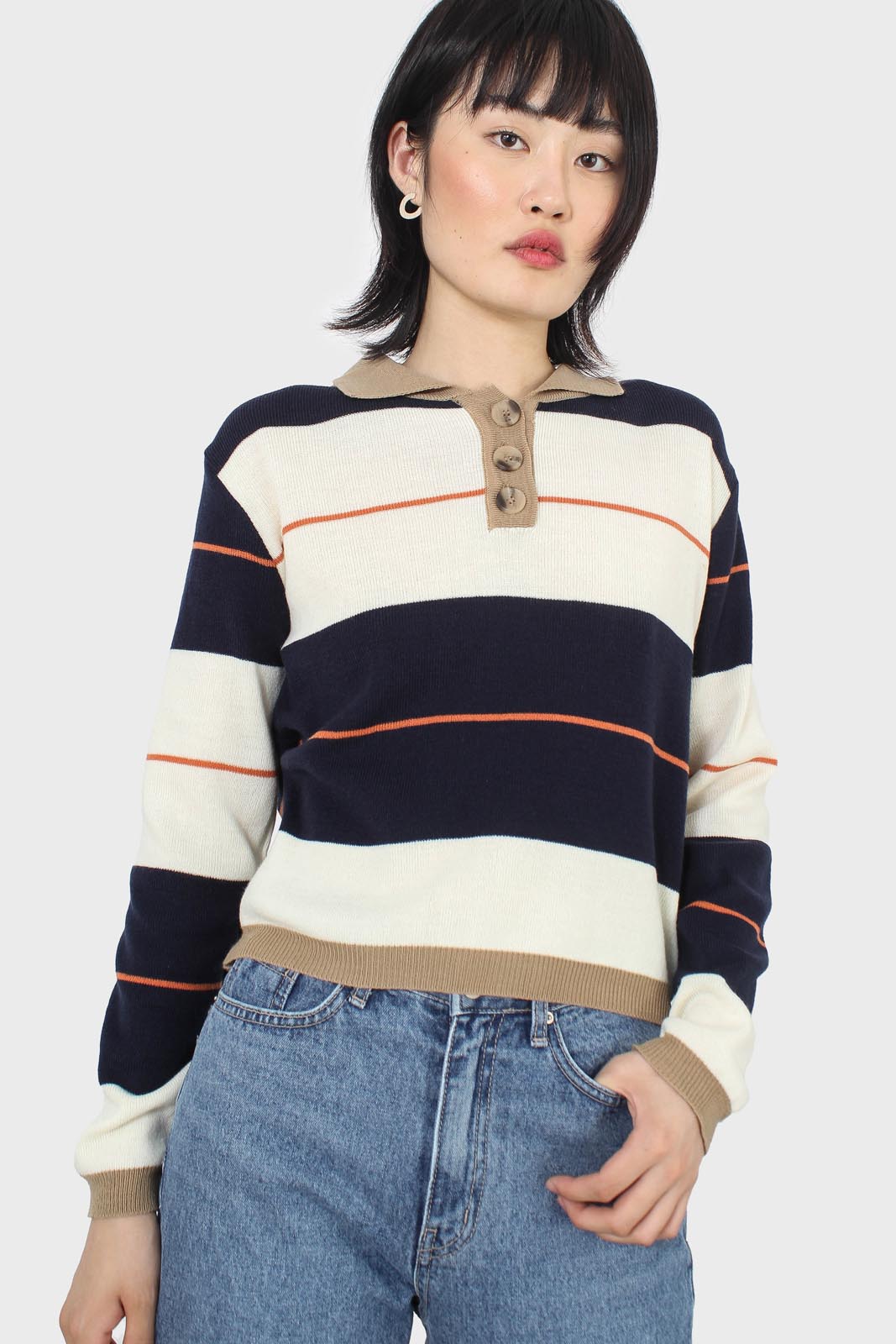 Navy and ivory thick multistriped polo knit top