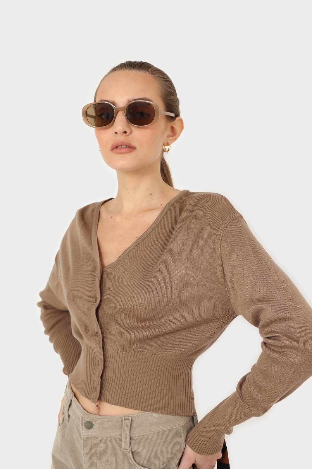 Cocoa brown V-neck cropped cardigan