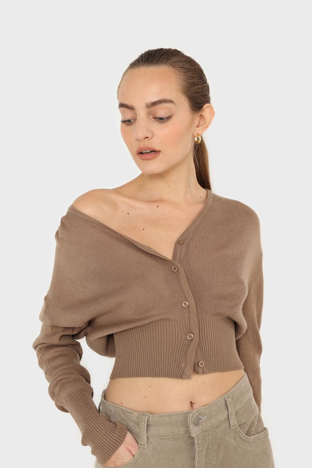Cocoa brown V-neck cropped cardigan