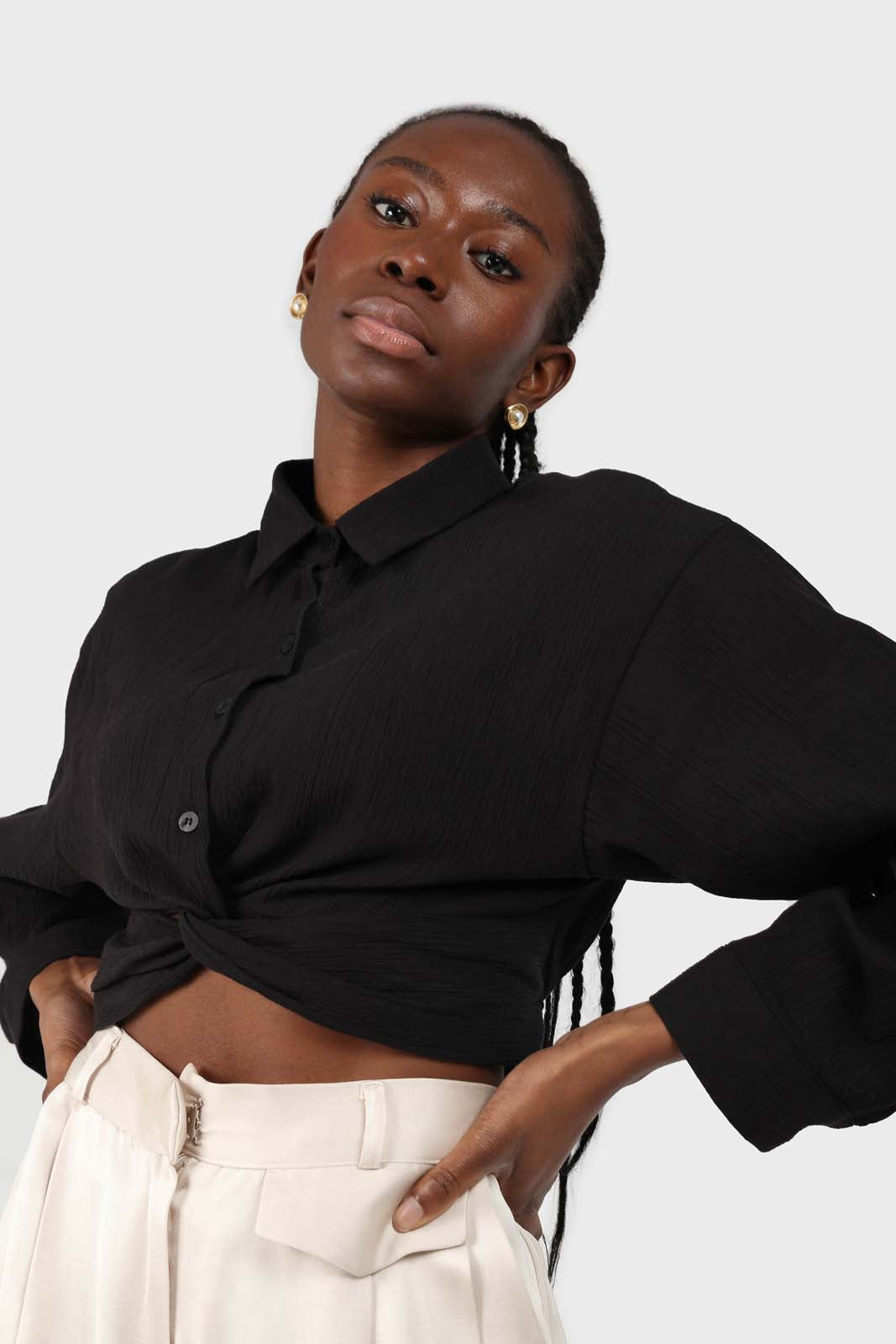 Black twist front cropped shirt