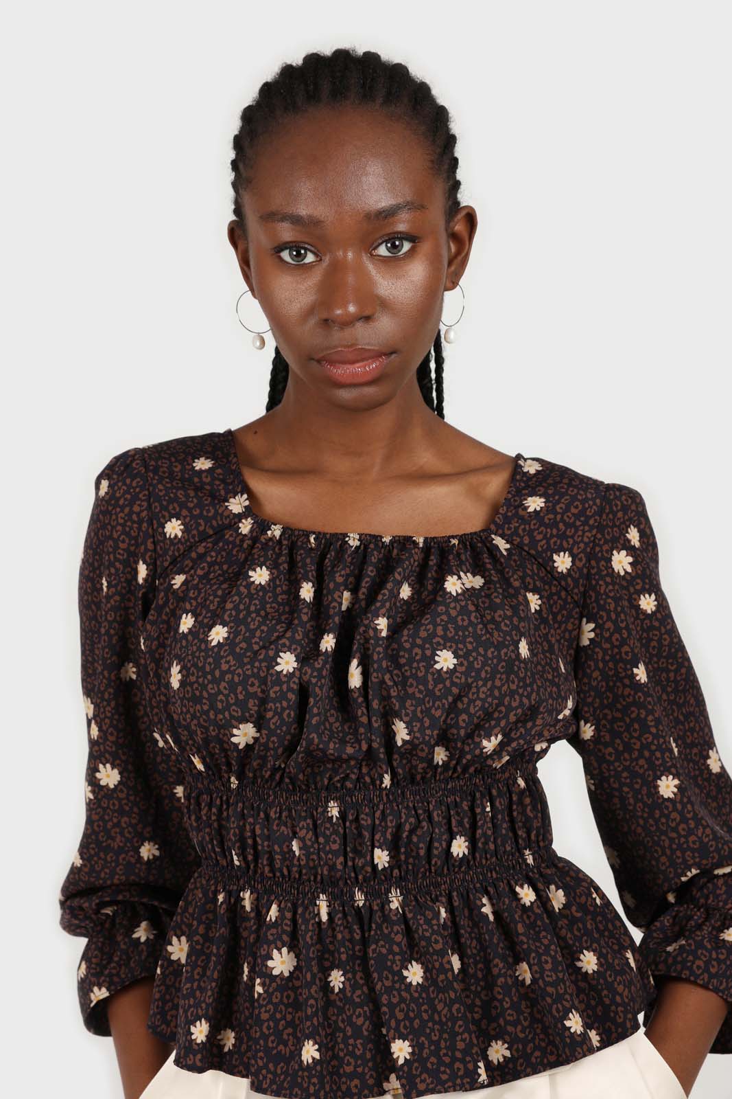 Navy and brown floral leopard smocked blouse