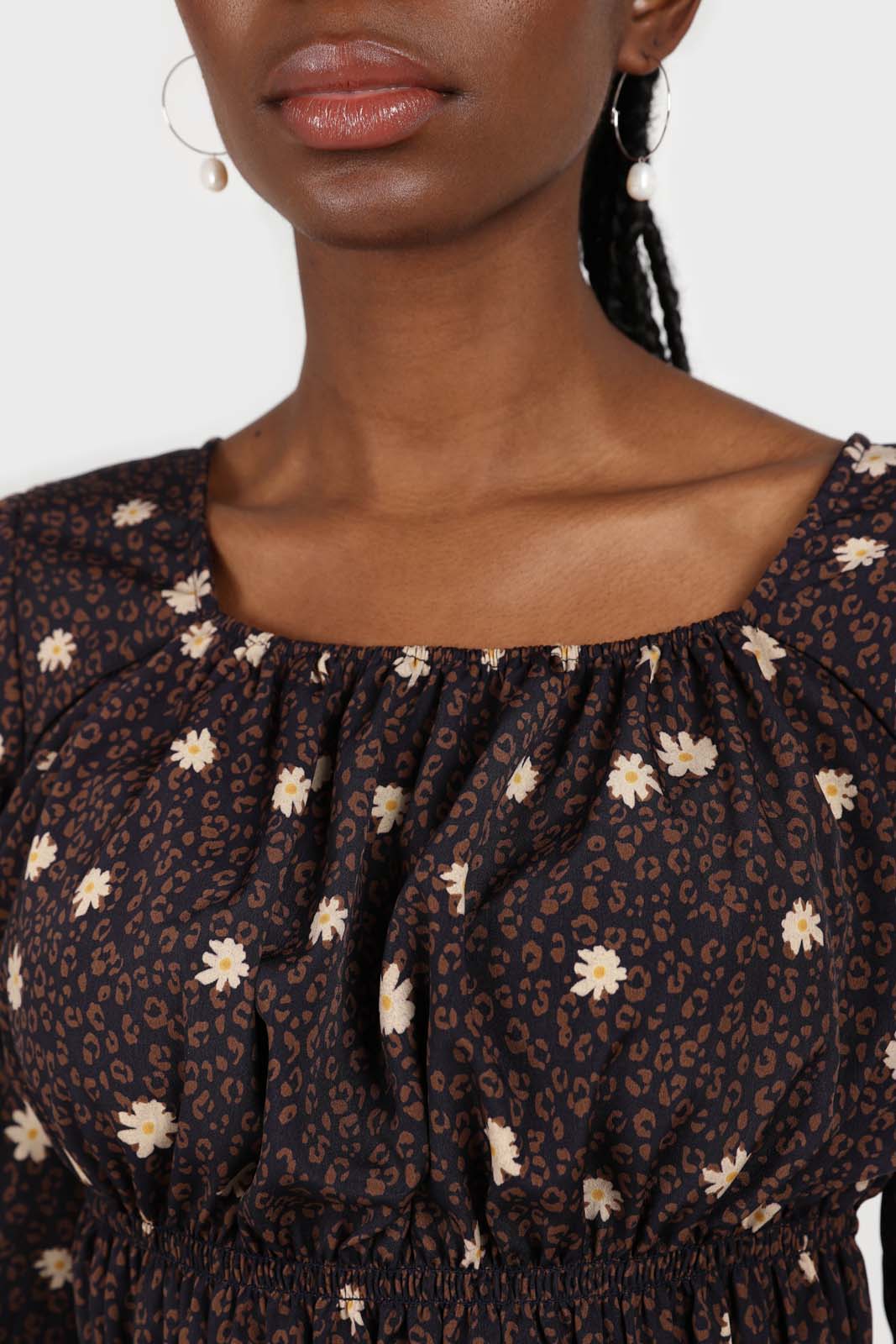Navy and brown floral leopard smocked blouse