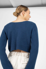 Dark blue twist front cropped knit top