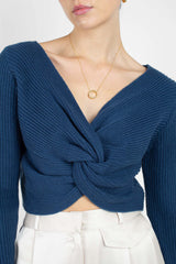 Dark blue twist front cropped knit top