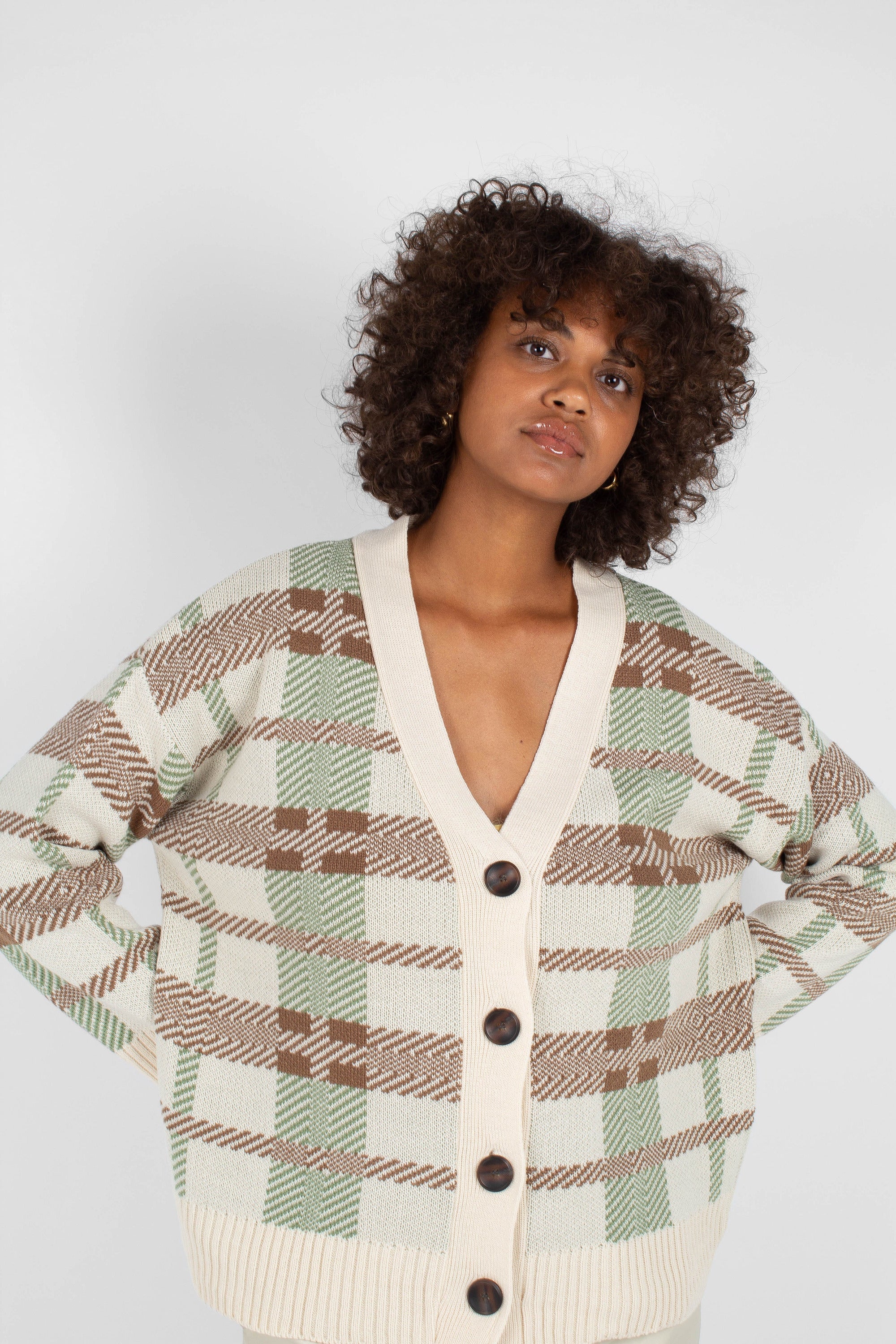 Beige and mint checked cardigan