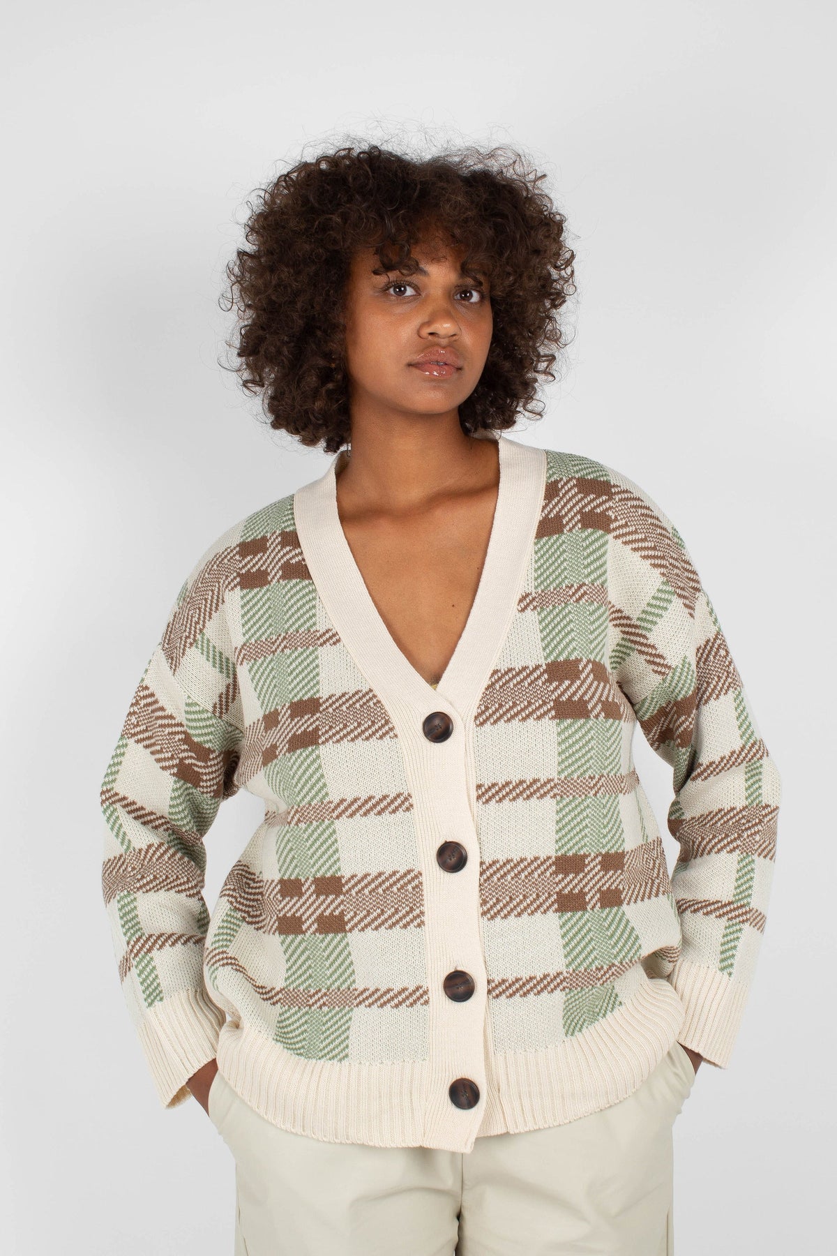 Beige and mint checked cardigan