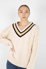 Cream and yellow V-neck cableknit jumper