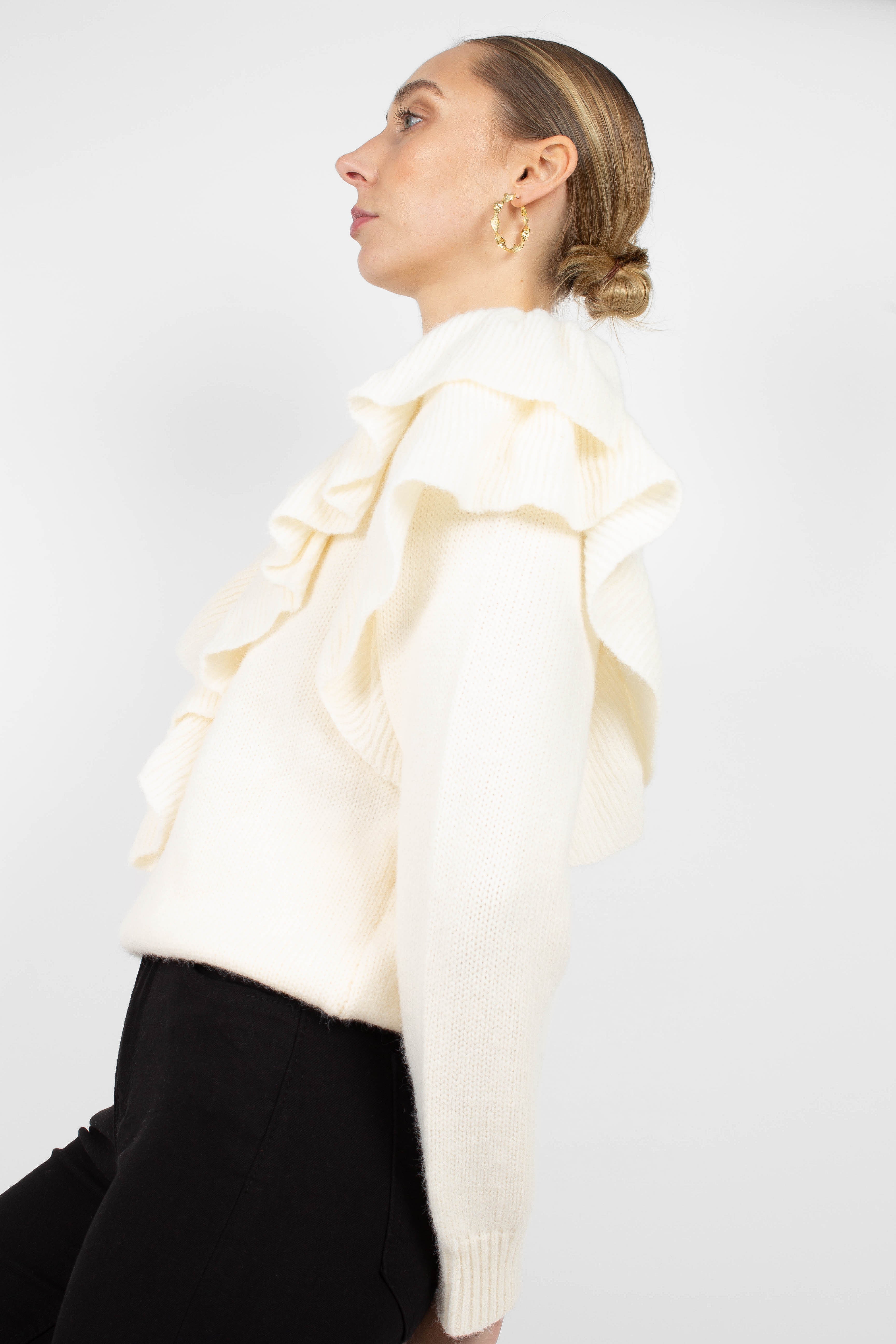 Ivory deep V ruffle trim jumper