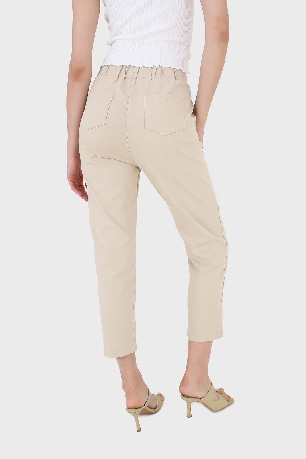 Beige thick dart front loose fit drawstring trousers