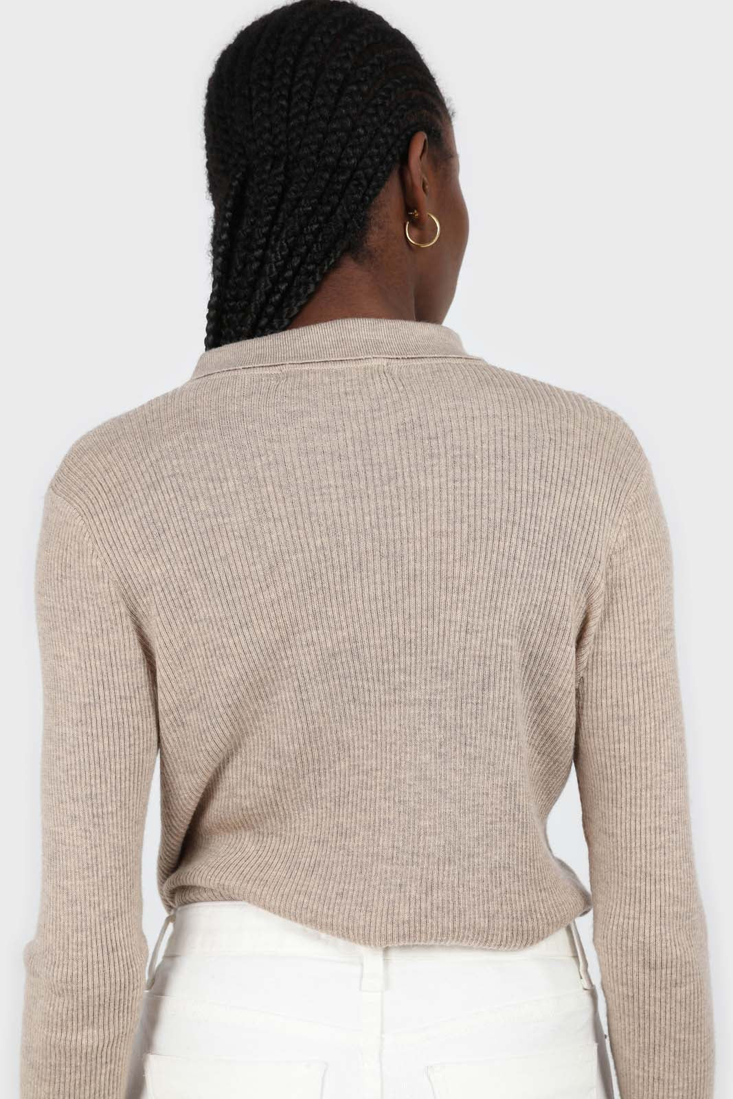 Beige button up collar knit top