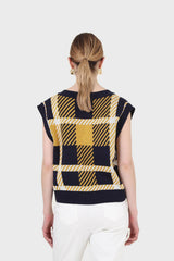 Navy and yellow plaid knit vest