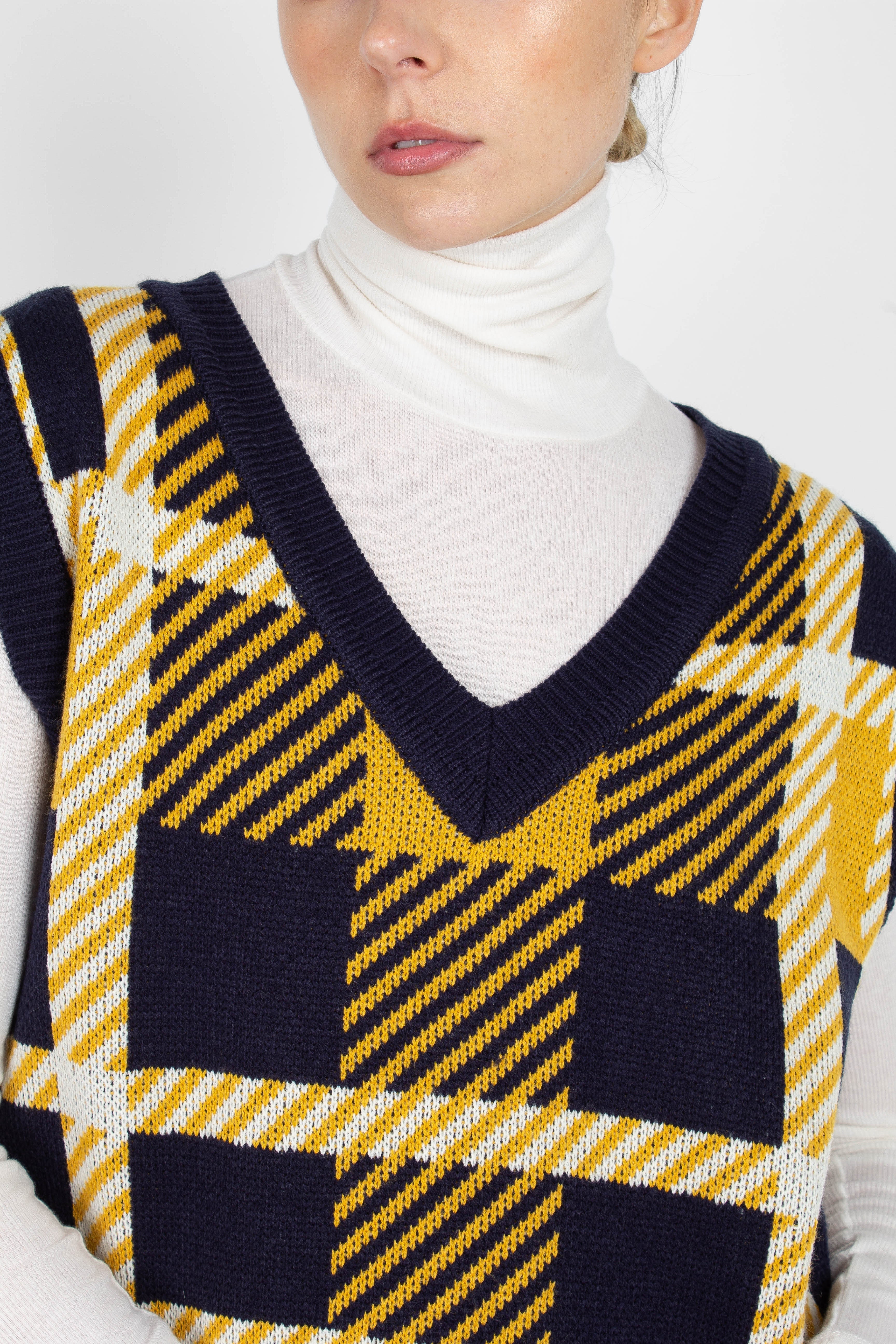 Navy and yellow plaid knit vest