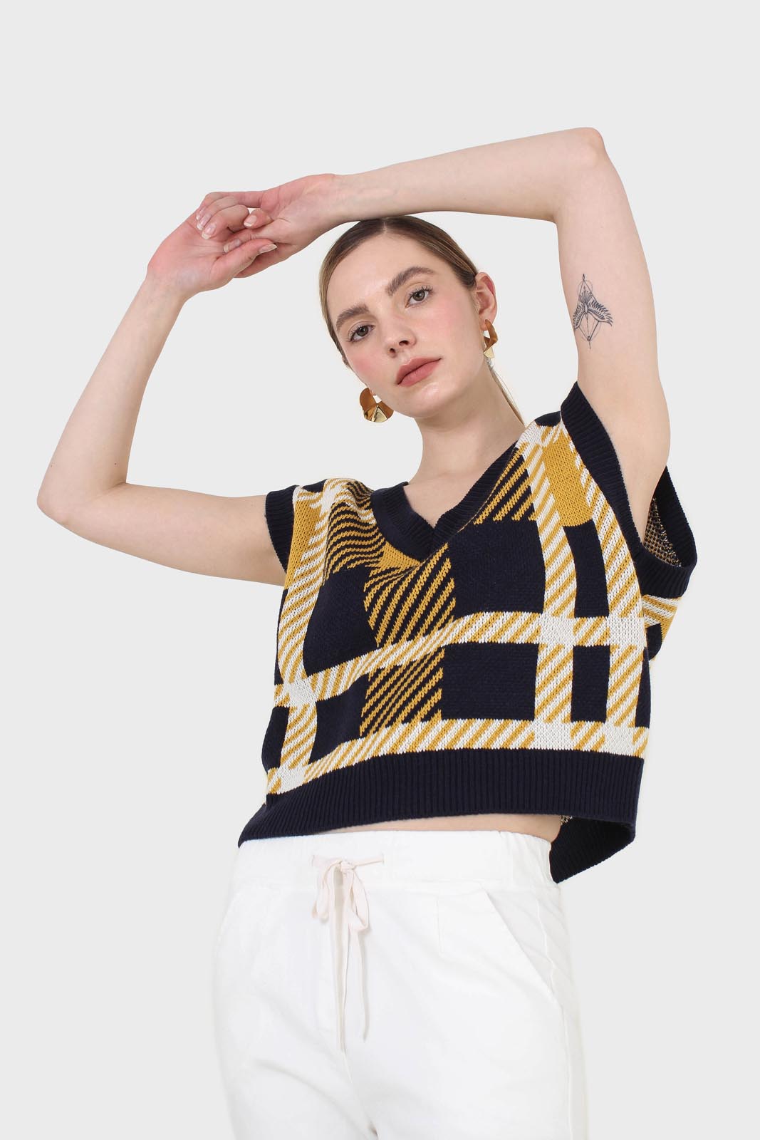 Navy and yellow plaid knit vest