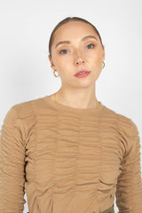 Beige half shirring long sleeved top