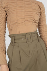 Beige half shirring long sleeved top