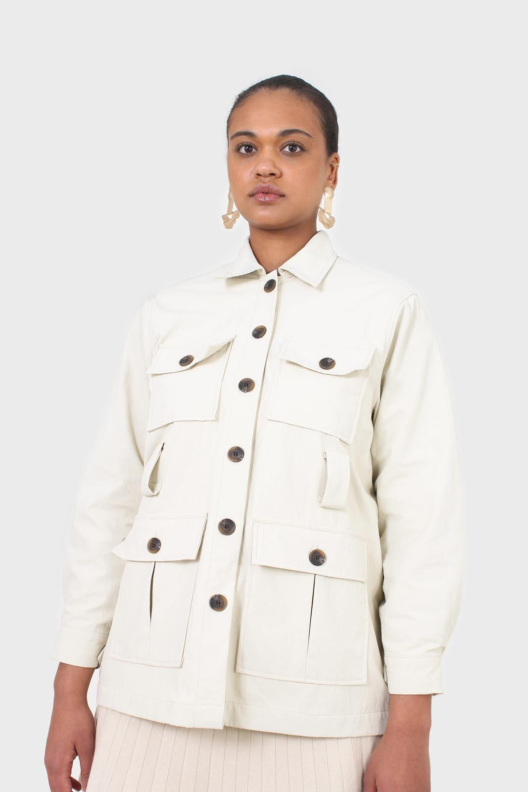 Ivory patch pocket belted safari jacket