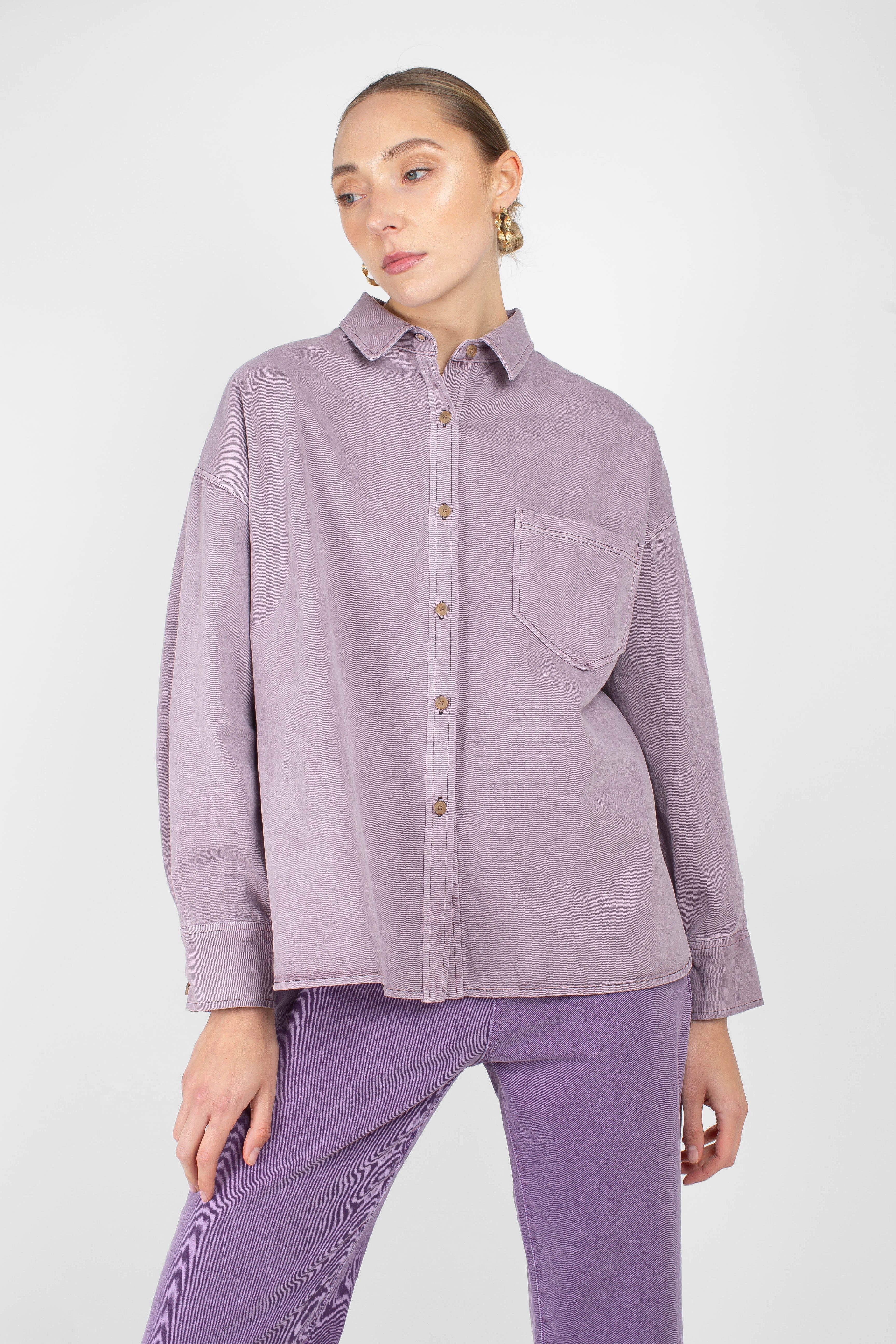 Lilac patch pocket oversized washed cotton shirt