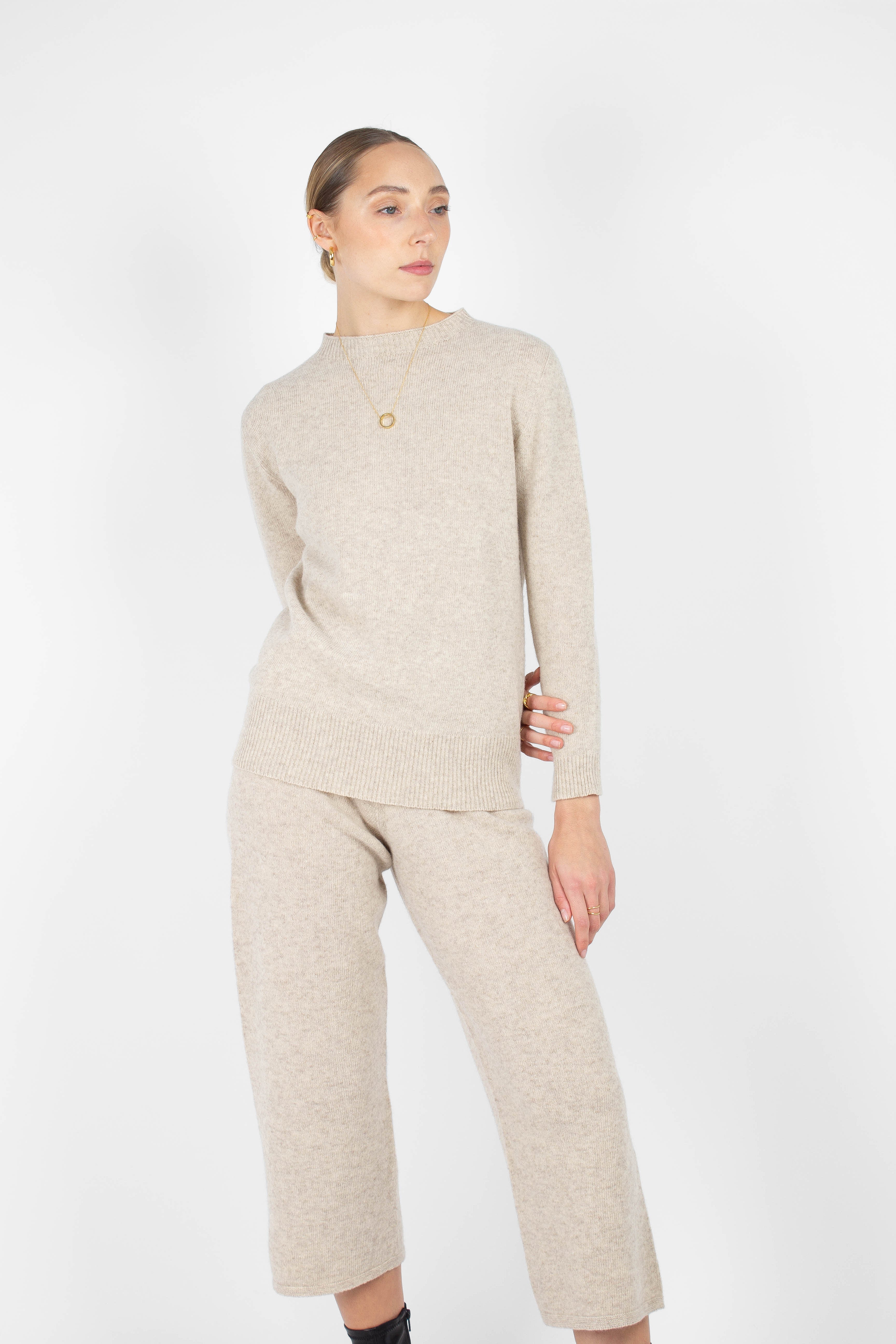 Ivory cashmere wool blend knit trousers