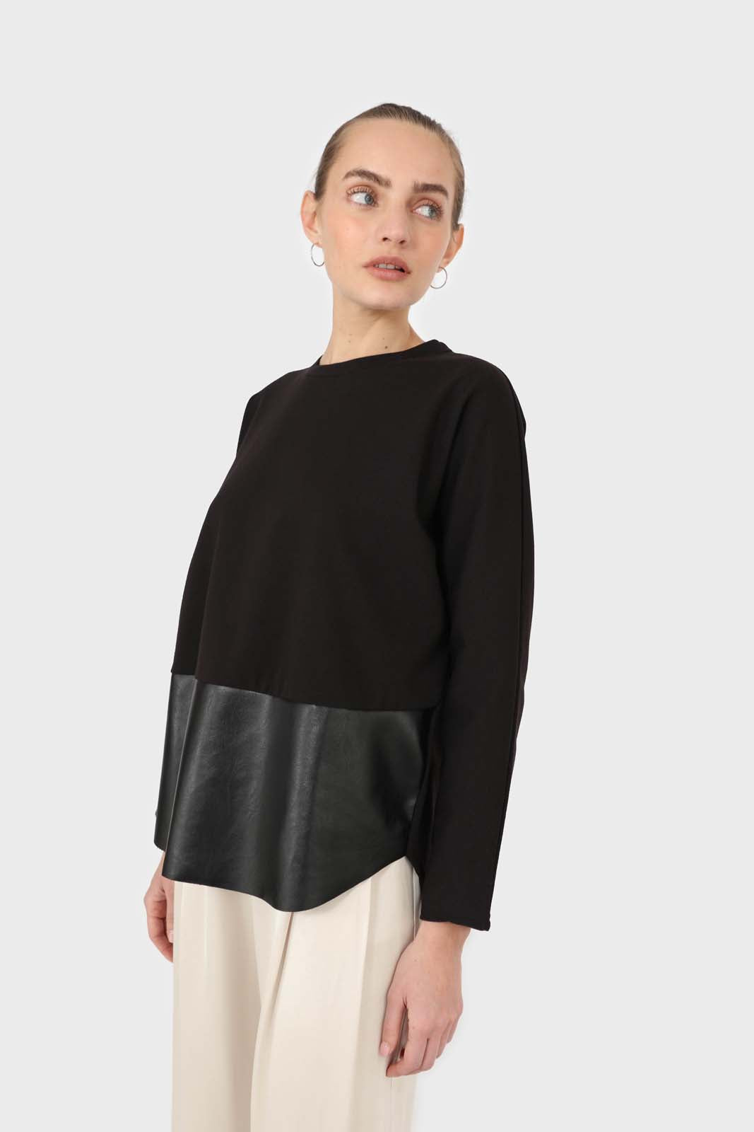 Black vegan leather contrast hem top