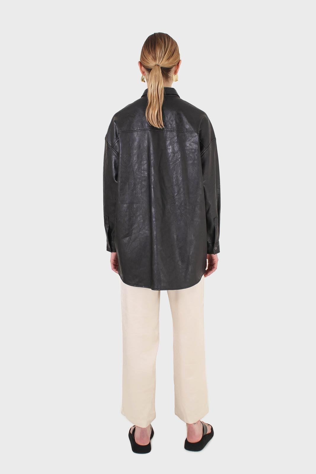 Black vegan leather belted shirt jacket