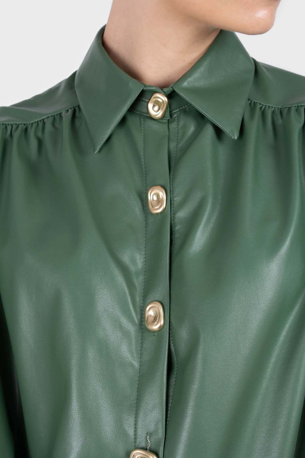 Green gold button vegan leather shirt