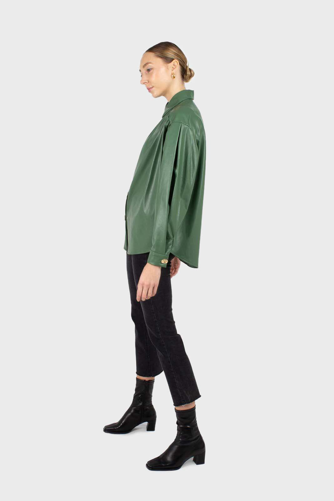 Green gold button vegan leather shirt