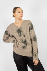 Beige and khaki tie dye V neck jumper
