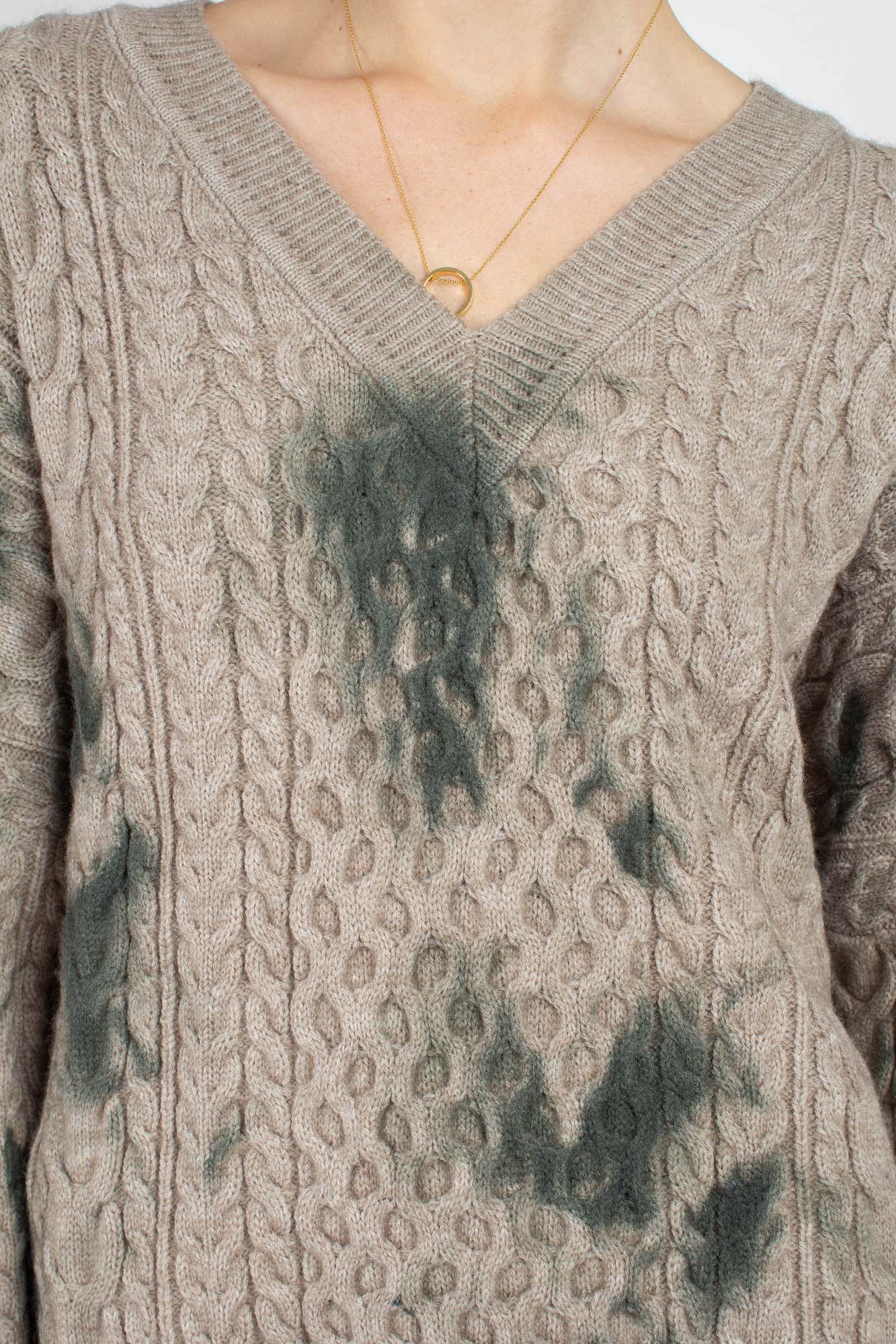 Beige and khaki tie dye V neck jumper