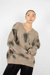 Beige and khaki tie dye V neck jumper