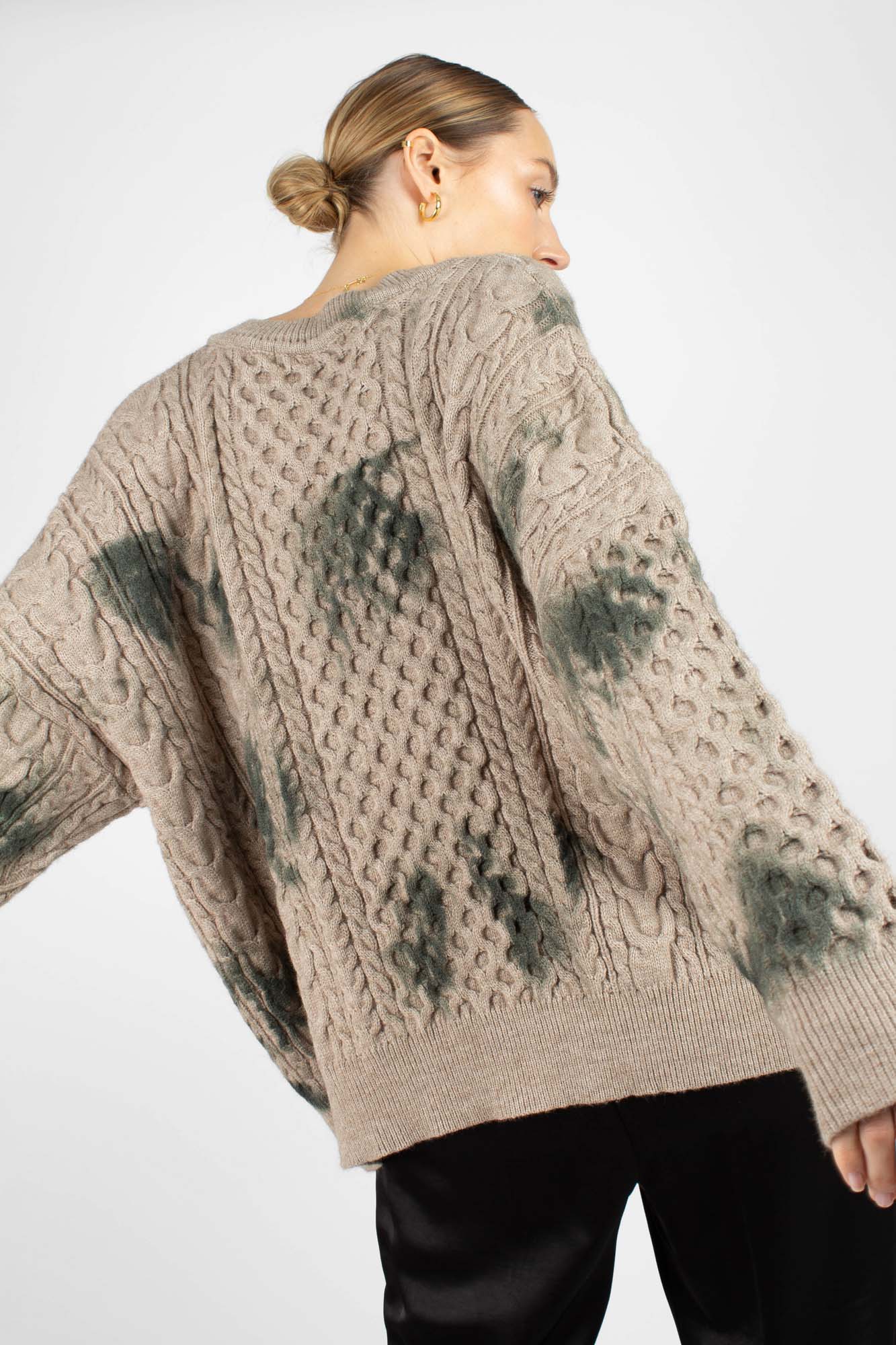 Beige and khaki tie dye V neck jumper