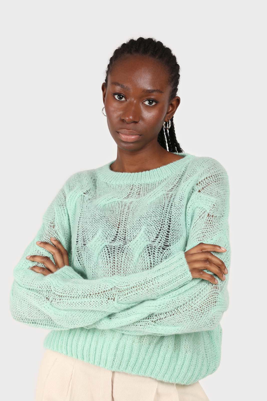 Mint loose cable knit crew neck jumper