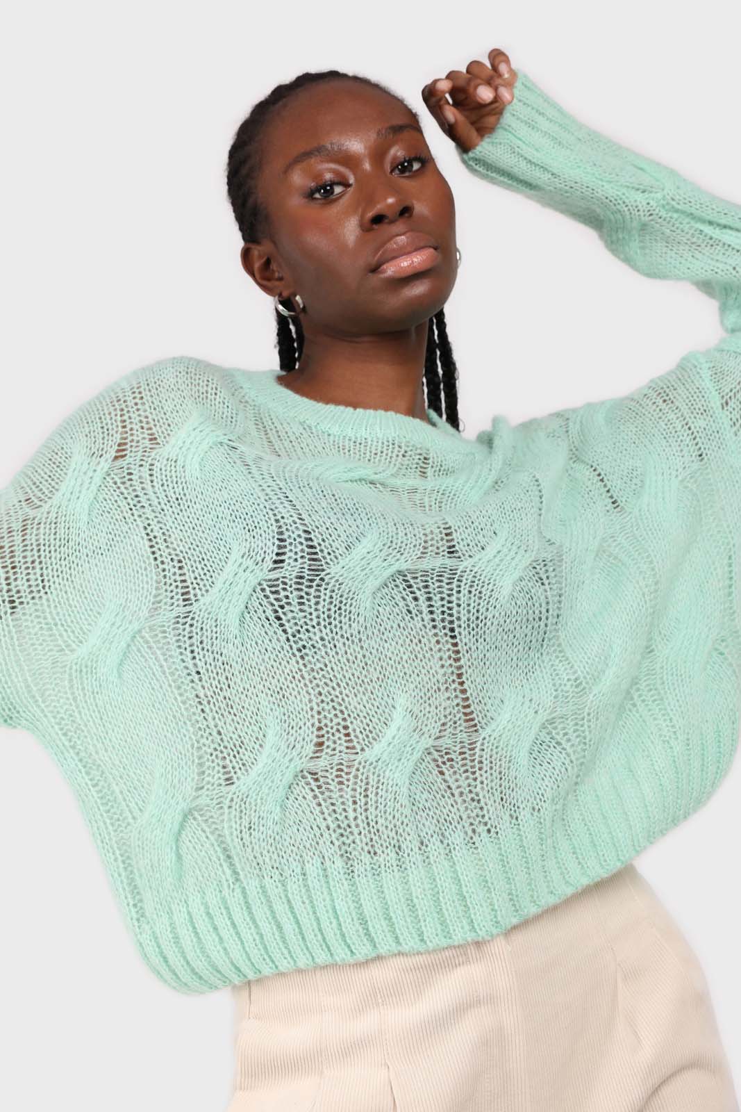 Mint loose cable knit crew neck jumper