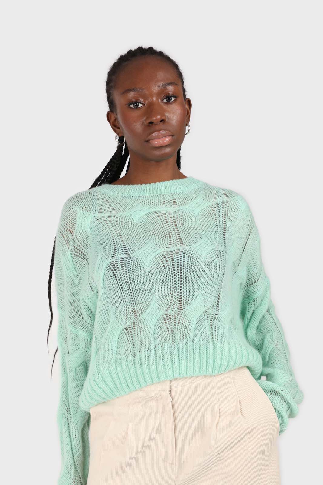 Mint loose cable knit crew neck jumper