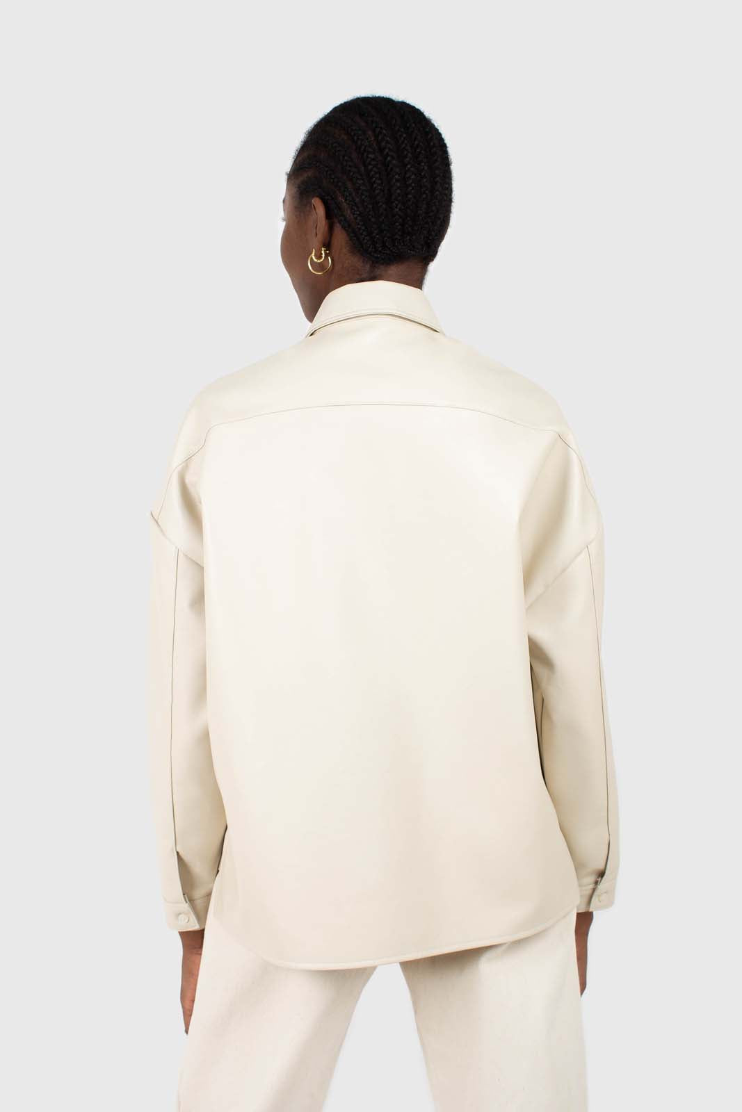 Cream vegan leather oversized shirt jacket